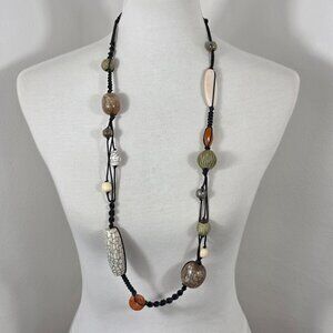 Handmade Boho Style Beaded Necklace Eclectic Mix of Beads on Long Knotted Cord